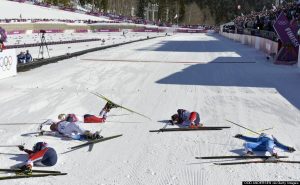(LtoR) Norway's Marit Bjoergen, Sweden's Charlotte Kalla, Norway's Therese Johaug, Norway's Heidi Weng and Finland's Aino-Kaisa Saarinen react after the Women's Cross-Country Skiing 7,5km + 7,5km Skiathlon at the Laura Cross-Country Ski and Biathlon Center during the Sochi Winter Olympics on February 8, 2014 in Rosa Khutor. AFP PHOTO / ODD ANDERSEN (Photo credit should read ODD ANDERSEN/AFP/Getty Images)